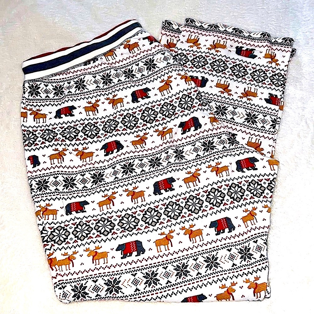 PJ SALVAGE 🫎🦌 WHITE/RED COTTON MOOSE DEER BEAR SNOWFLAKE THERMAL PAJAMA PANTS 2X - Picture 4 of 8